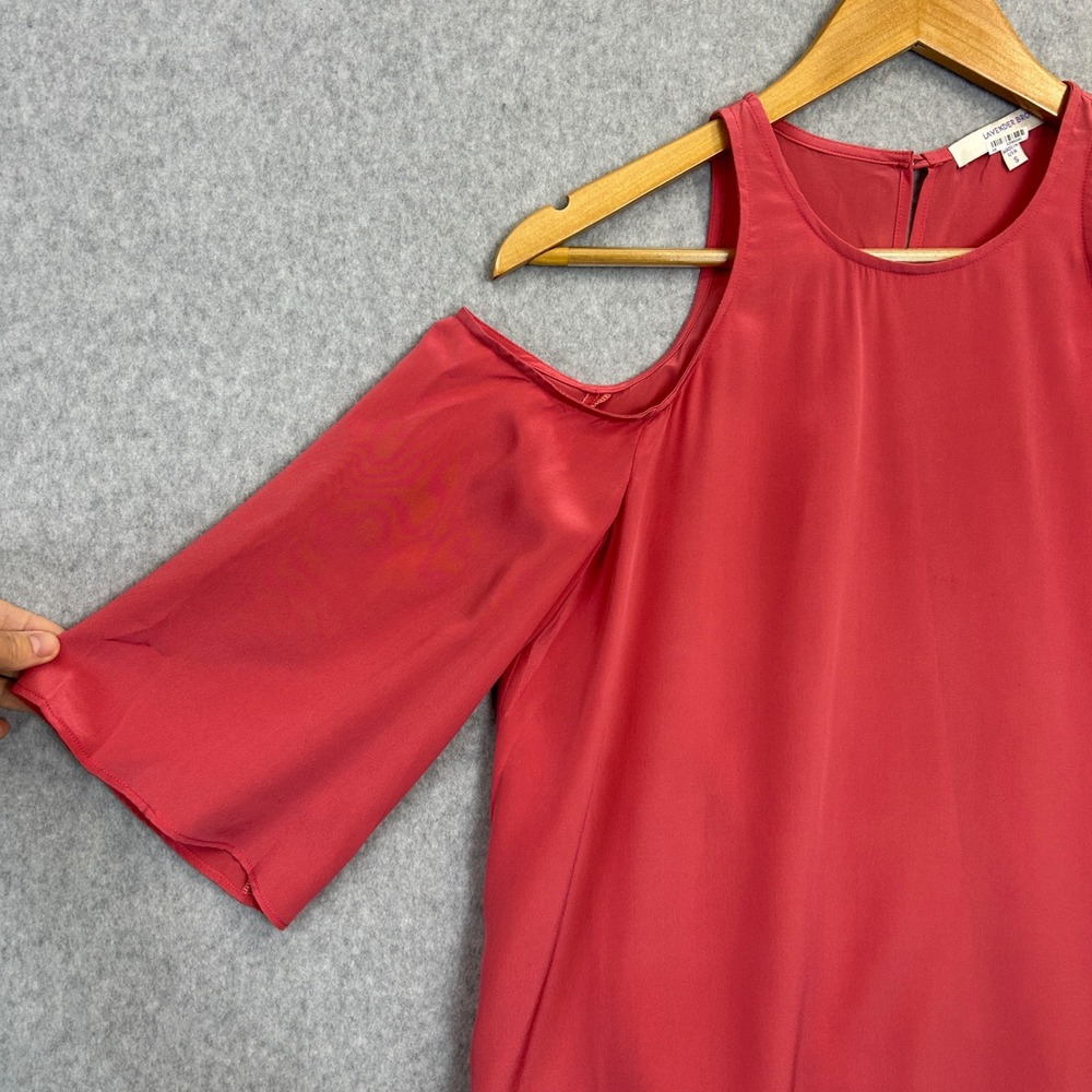 Lavender Brown Silk Blouse Coral Pink Cold Shoulder 3/4 Sleeve Women Size Small - Picture 5 of 10